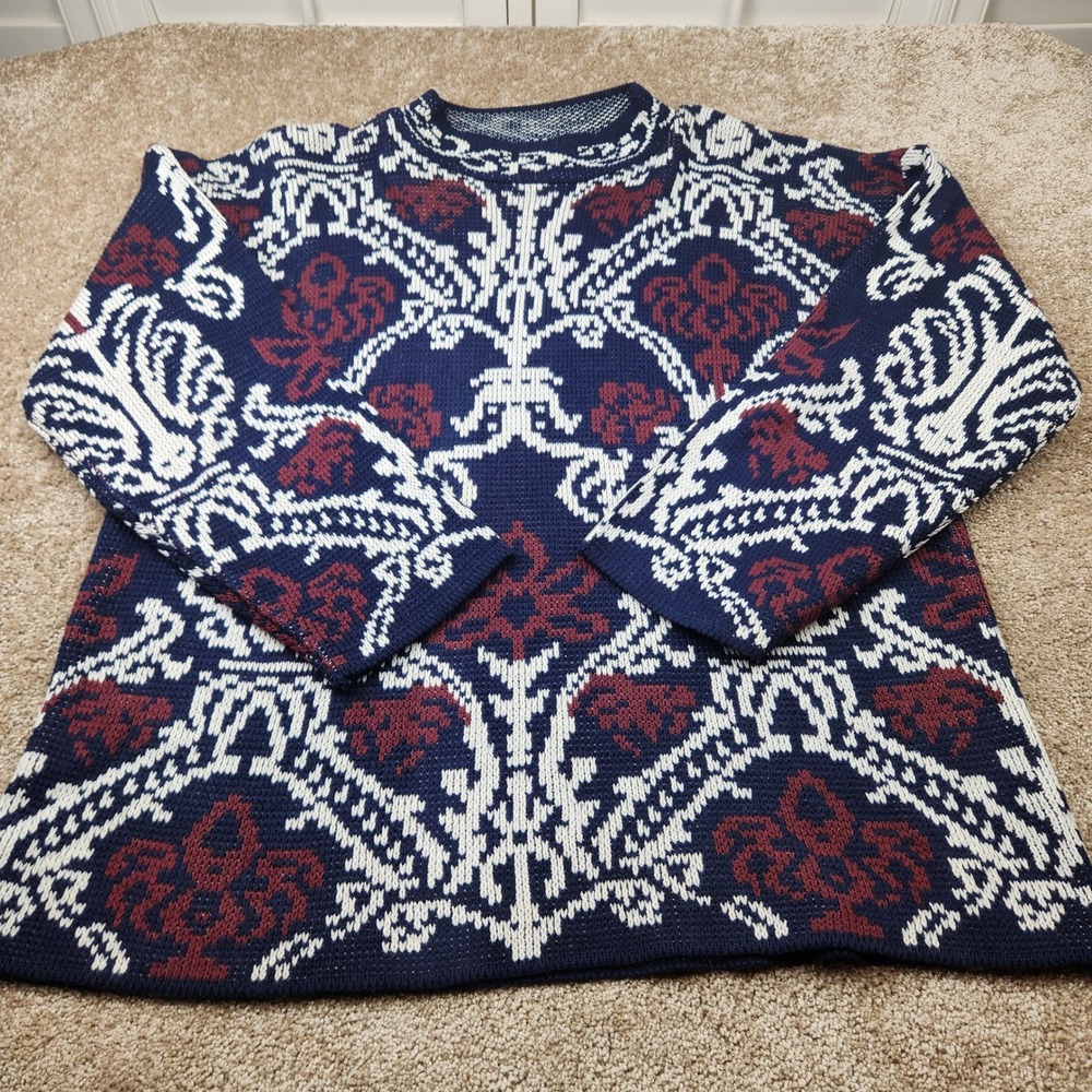 Carolina Colours Vintage 90s Navy Burgundy Jacquard Knit Crewneck Sweater Large